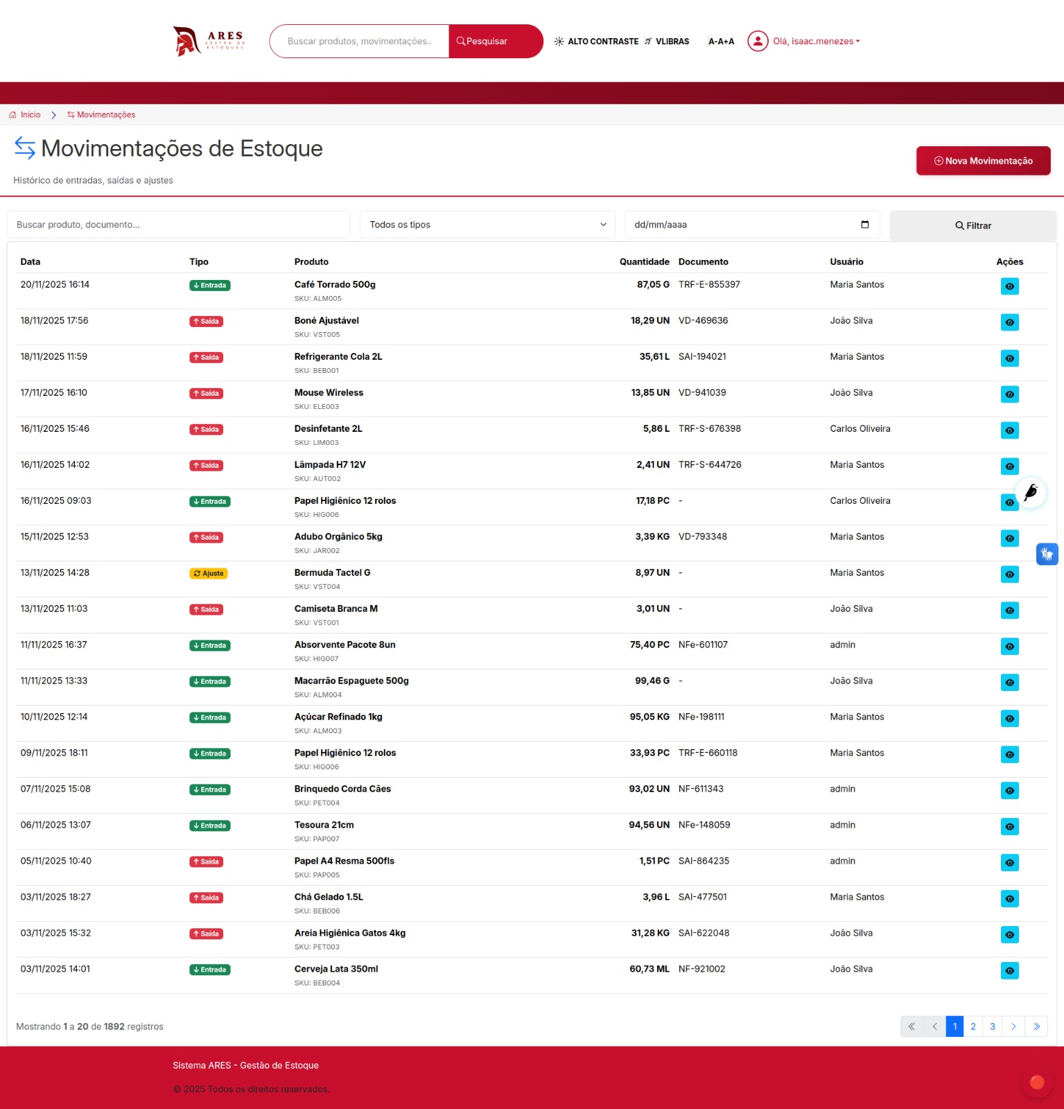 Tela de movimentação de produtos