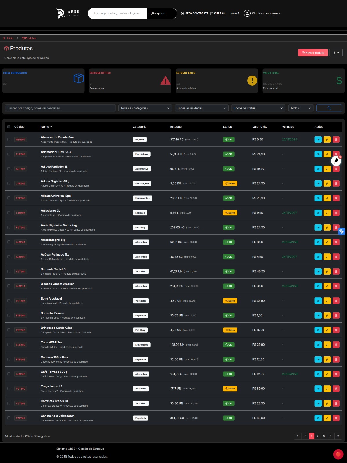 Tela de produtos usando dark mode